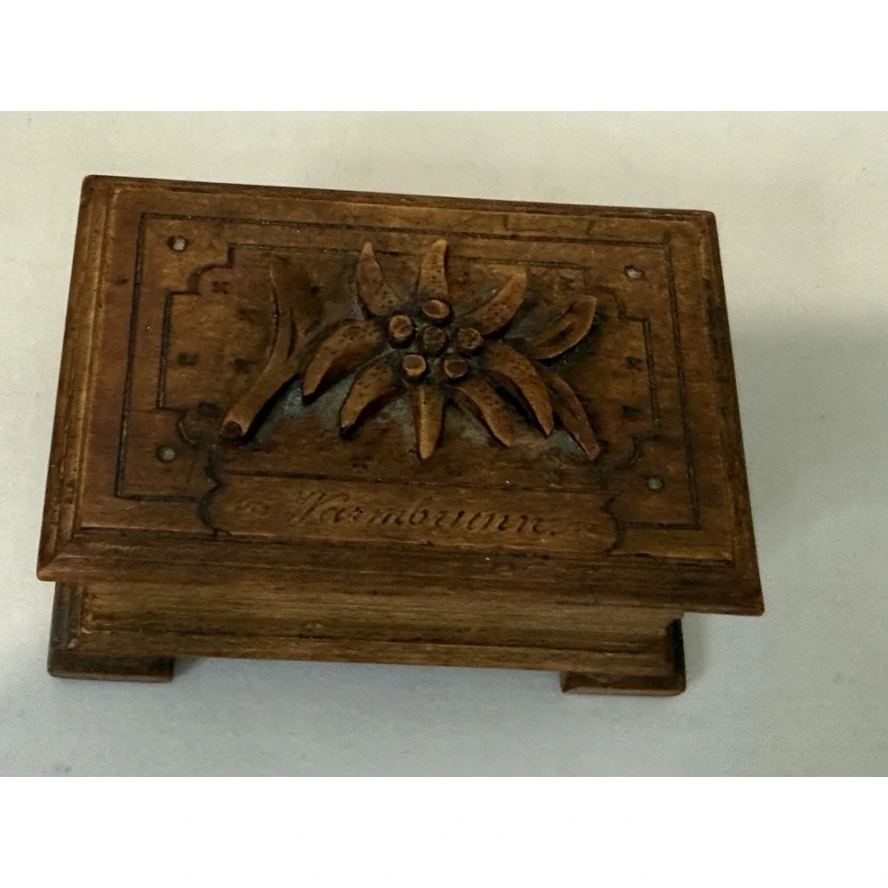 Antique German Warmbrunn Hand Carved Wood Trinket Jewelry Box Black Forest Style